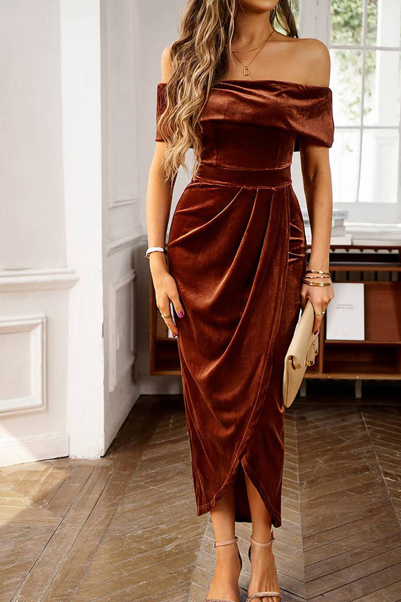 Load image into Gallery viewer, Burgundy Velvet Off the Shoulder Holiday Party Dress