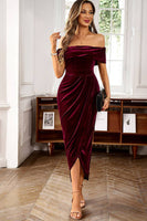 Load image into Gallery viewer, Women Velvet Off the Shoulder Holiday Party Dress Burgundy Cocktail Dress with Pleated