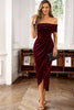 Load image into Gallery viewer, Burgundy Velvet Off the Shoulder Holiday Party Dress