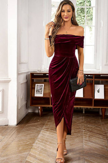 Burgundy Velvet Off the Shoulder Holiday Party Dress