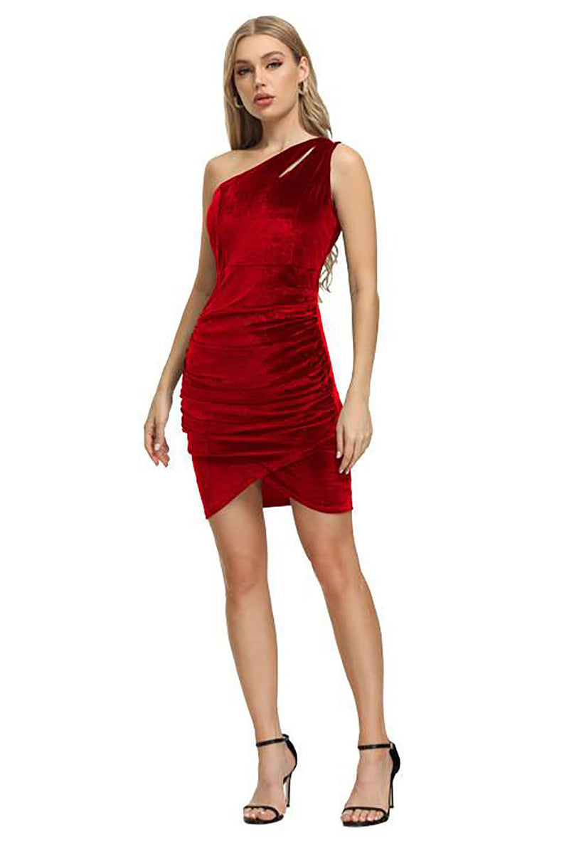Load image into Gallery viewer, One Shoulder Velvet Holiday Party Dress with Pleated