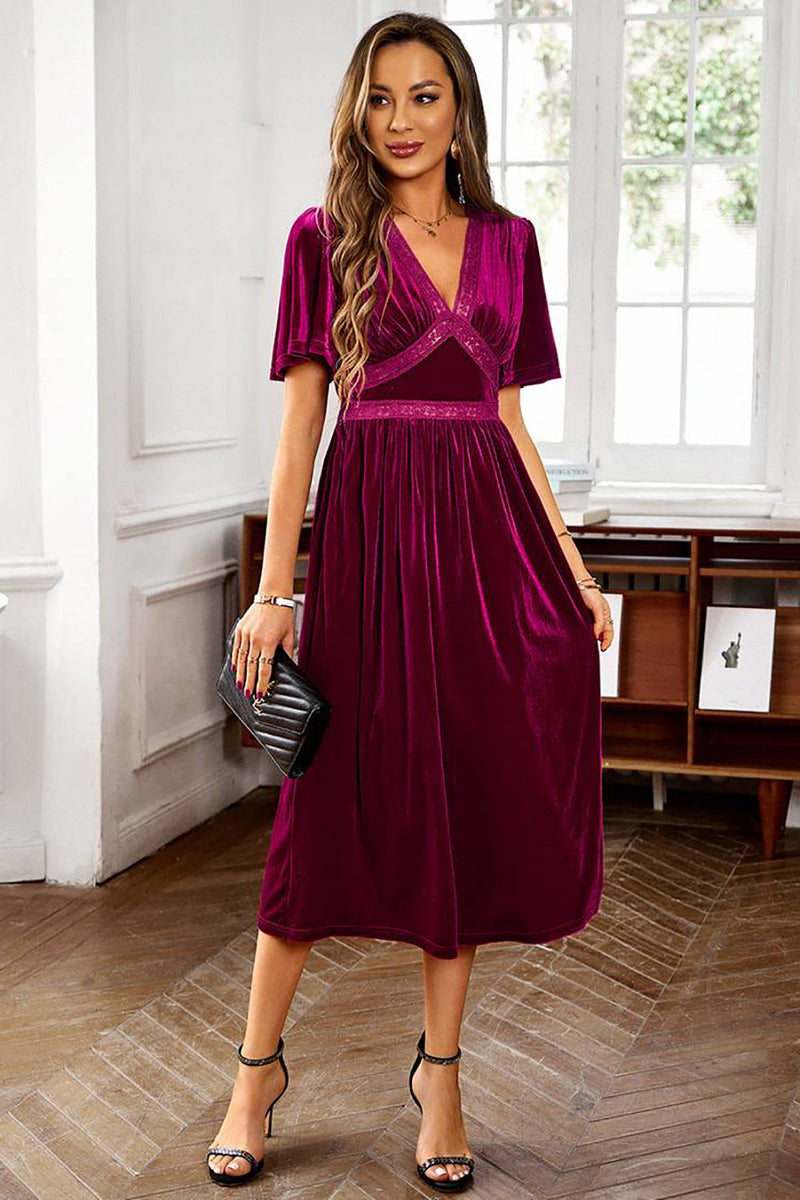 Load image into Gallery viewer, Velvet V-neck A Line Holiday Party Dress