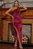 Load image into Gallery viewer, Burgundy One Shoulder Sparkly Long Party Dress With Slit