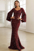 Load image into Gallery viewer, Women Burgundy Maxi Holiday Dress Sparkly Sequin Mermaid Long Sleeve Party Dress