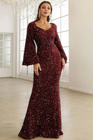 Load image into Gallery viewer, Burgundy Sparkly Sequin Mermaid Maxi Holiday Party Dress