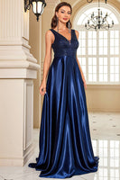 Load image into Gallery viewer, Navy Satin A-Line Formal Dress with Sequins