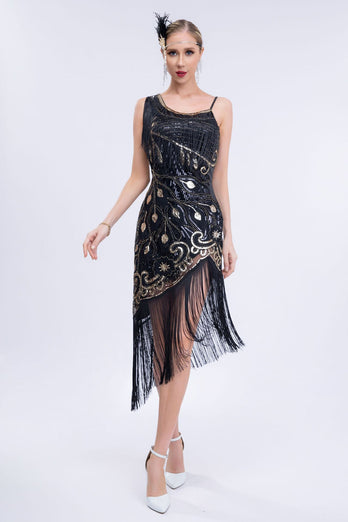 Asymmetrical Black Glitter 1920s Dress with Fringes