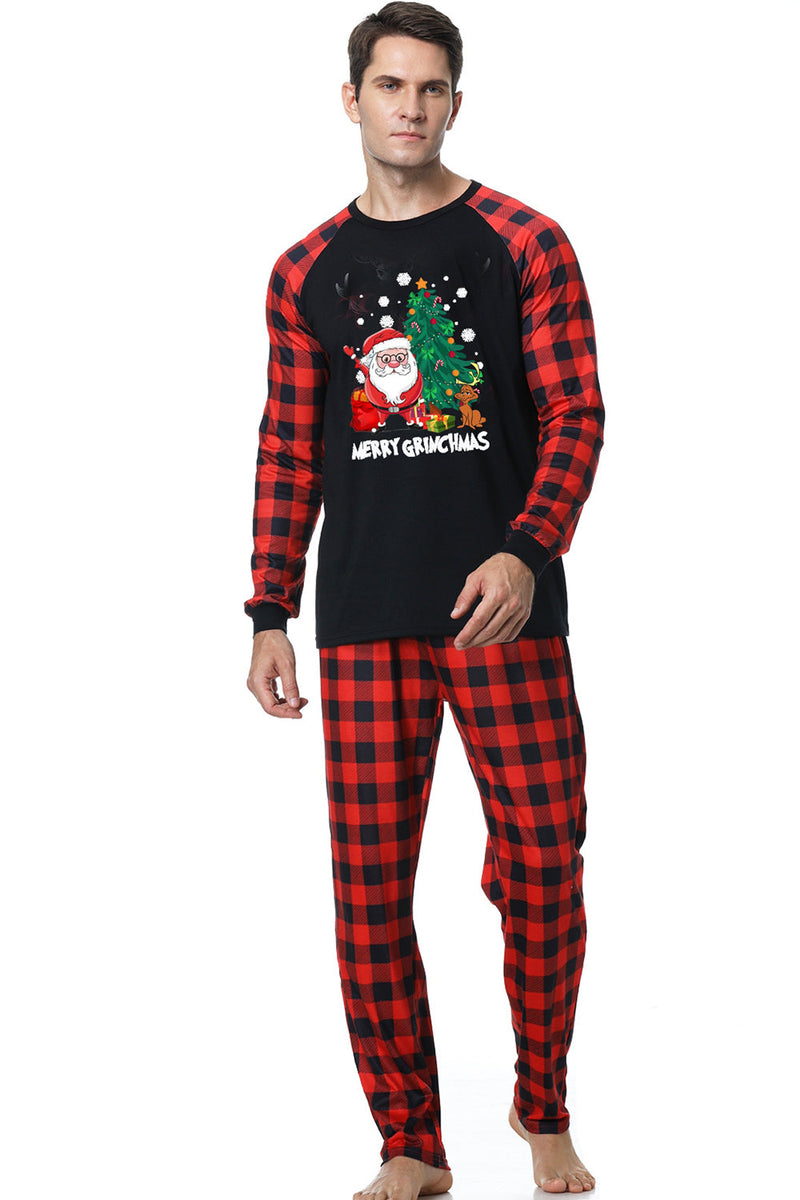 Load image into Gallery viewer, Black &amp; Red Plaid Matching Family Christmas Pajamas with Print