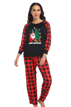 Black & Red Plaid Matching Family Christmas Pajamas with Print