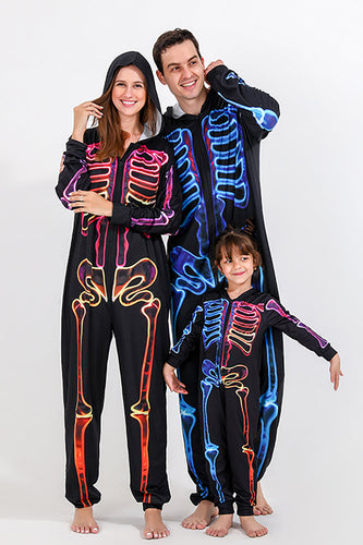 Family Cozy Skeleton Print Zip Up Hoodie Jumpsuits