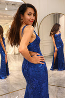 Load image into Gallery viewer, Sparkly Royal Blue Mermaid Long Corset Prom Dress With Slit