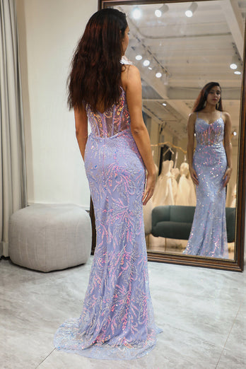 Sparkly Lilac Mermaid Long Corset Prom Dress With Appliques