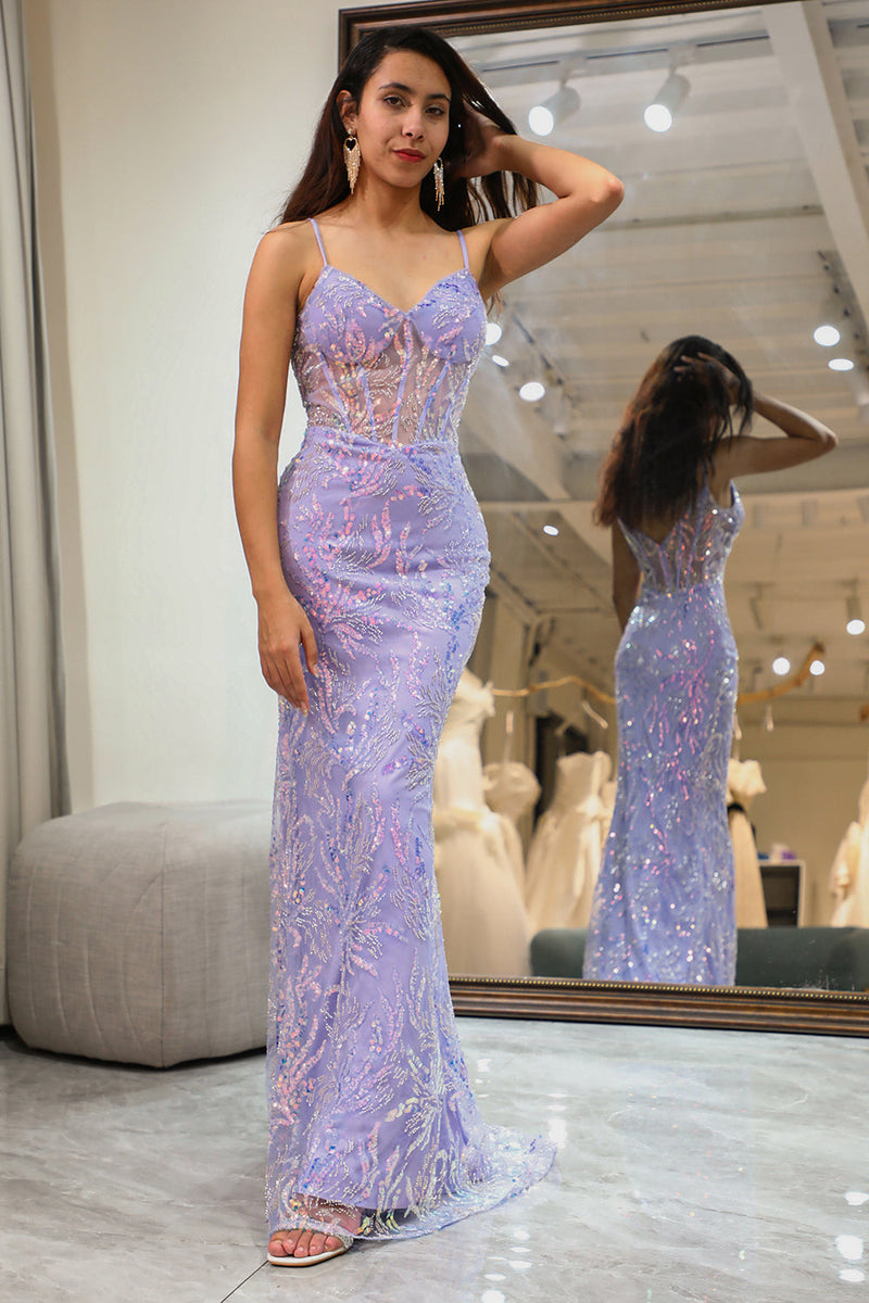 Load image into Gallery viewer, Sparkly Lilac Mermaid Long Corset Prom Dress With Appliques