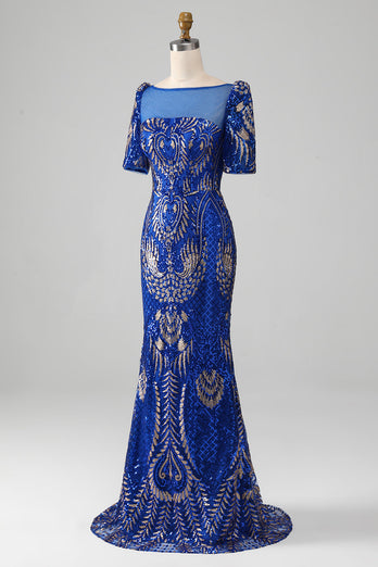 Mermaid Royal Blue Sparkly Prom Dress with Short Sleeves