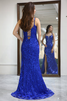 Glitter Royal Blue Mermaid Long Prom Dress With Slit
