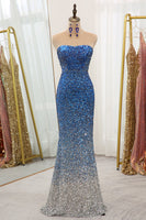 Load image into Gallery viewer, Sparkly Blue Sequined Mermaid Strapless Long Prom Dress