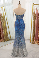 Load image into Gallery viewer, Sparkly Blue Sequined Mermaid Strapless Long Prom Dress
