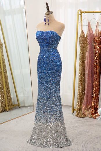 Sparkly Blue Sequined Mermaid Strapless Long Prom Dress