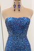 Load image into Gallery viewer, Sparkly Blue Sequined Mermaid Strapless Long Prom Dress