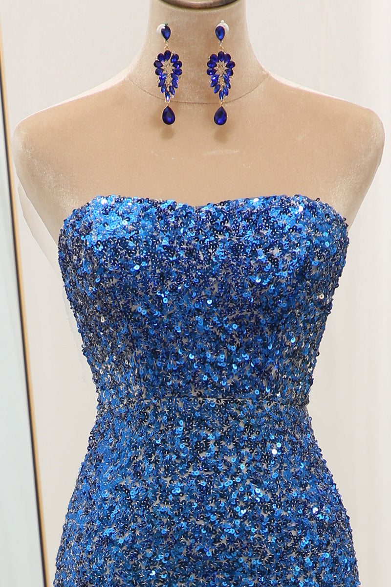 Load image into Gallery viewer, Sparkly Blue Sequined Mermaid Strapless Long Prom Dress