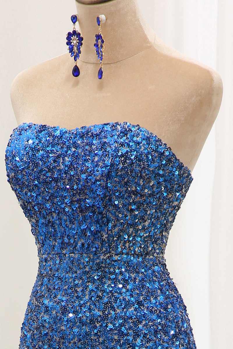 Load image into Gallery viewer, Sparkly Blue Sequined Mermaid Strapless Long Prom Dress