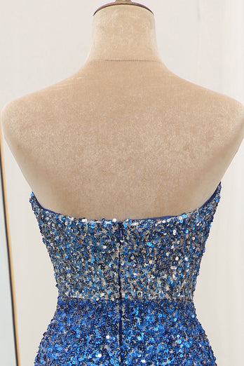 Sparkly Blue Sequined Mermaid Strapless Long Prom Dress