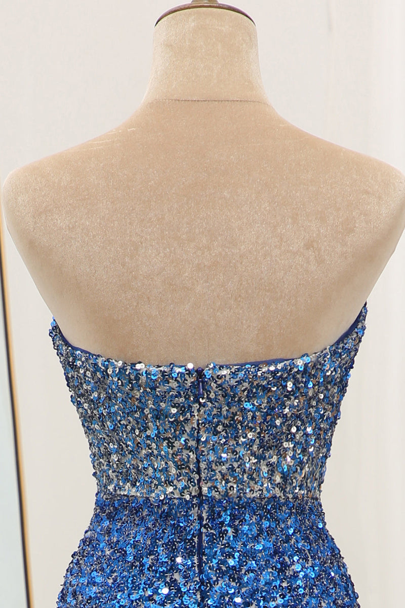 Load image into Gallery viewer, Sparkly Blue Sequined Mermaid Strapless Long Prom Dress