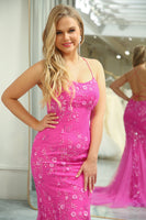Load image into Gallery viewer, Fuchsia Mermaid Backless Long Prom Dress With Appliques