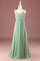 Load image into Gallery viewer, A-line Long Chiffon Matcha V-neck Spaghetti Straps Junior Bridesmaid Dress