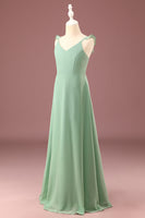 Load image into Gallery viewer, A-line Long Chiffon Matcha V-neck Spaghetti Straps Junior Bridesmaid Dress