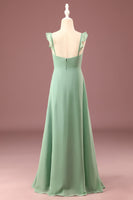 Load image into Gallery viewer, A-line Long Chiffon Matcha V-neck Spaghetti Straps Junior Bridesmaid Dress