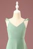 Load image into Gallery viewer, A-line Long Chiffon Matcha V-neck Spaghetti Straps Junior Bridesmaid Dress