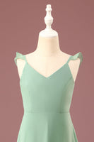 Load image into Gallery viewer, A-line Long Chiffon Matcha V-neck Spaghetti Straps Junior Bridesmaid Dress