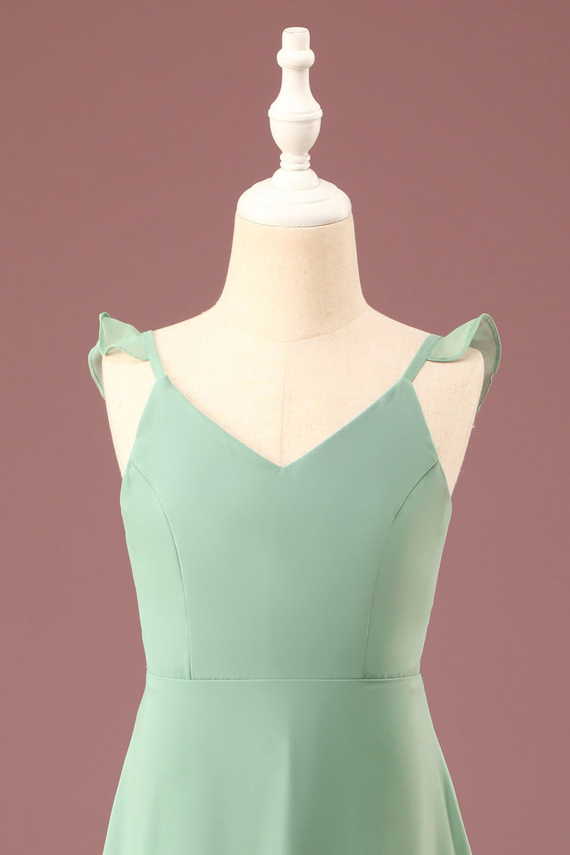 Load image into Gallery viewer, A-line Long Chiffon Matcha V-neck Spaghetti Straps Junior Bridesmaid Dress