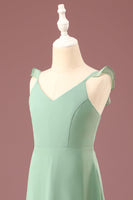 Load image into Gallery viewer, A-line Long Chiffon Matcha V-neck Spaghetti Straps Junior Bridesmaid Dress