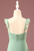 Load image into Gallery viewer, A-line Long Chiffon Matcha V-neck Spaghetti Straps Junior Bridesmaid Dress