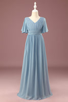 Load image into Gallery viewer, A-line Chiffon V-neck Floor Length Short Sleeves Junior Bridesmaid Dress