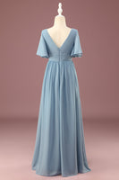 Load image into Gallery viewer, A-line Chiffon V-neck Floor Length Short Sleeves Junior Bridesmaid Dress