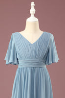 Load image into Gallery viewer, A-line Chiffon V-neck Floor Length Short Sleeves Junior Bridesmaid Dress
