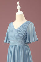 Load image into Gallery viewer, A-line Chiffon V-neck Floor Length Short Sleeves Junior Bridesmaid Dress