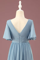 Load image into Gallery viewer, A-line Chiffon V-neck Floor Length Short Sleeves Junior Bridesmaid Dress