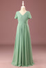 Load image into Gallery viewer, Long Matcha A-line Chiffon V-neck Short Sleeves Junior Bridesmaid Dress