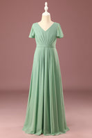 Load image into Gallery viewer, Long Matcha A-line Chiffon V-neck Short Sleeves Junior Bridesmaid Dress