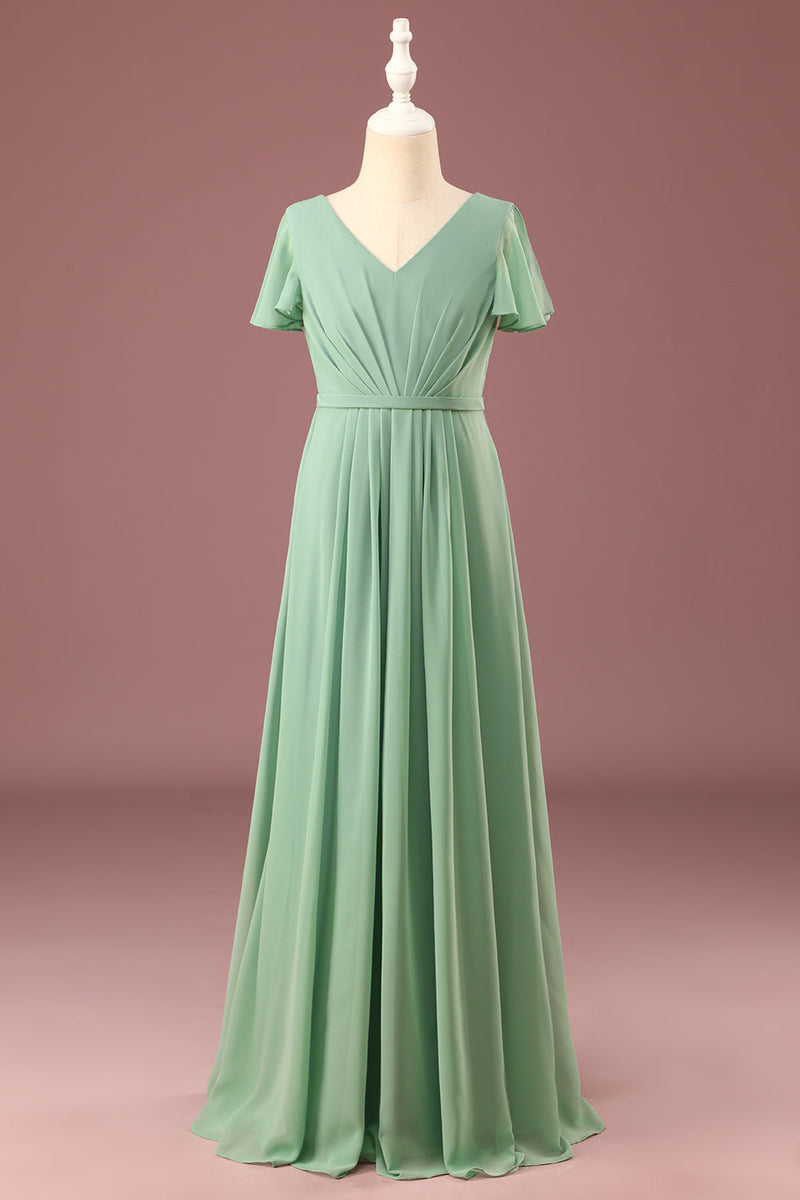 Load image into Gallery viewer, Long Matcha A-line Chiffon V-neck Short Sleeves Junior Bridesmaid Dress