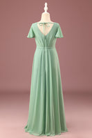 Load image into Gallery viewer, Long Matcha A-line Chiffon V-neck Short Sleeves Junior Bridesmaid Dress