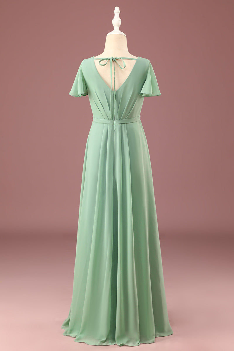 Load image into Gallery viewer, Long Matcha A-line Chiffon V-neck Short Sleeves Junior Bridesmaid Dress