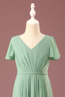 Load image into Gallery viewer, Long Matcha A-line Chiffon V-neck Short Sleeves Junior Bridesmaid Dress