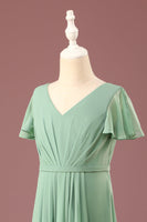 Load image into Gallery viewer, Long Matcha A-line Chiffon V-neck Short Sleeves Junior Bridesmaid Dress