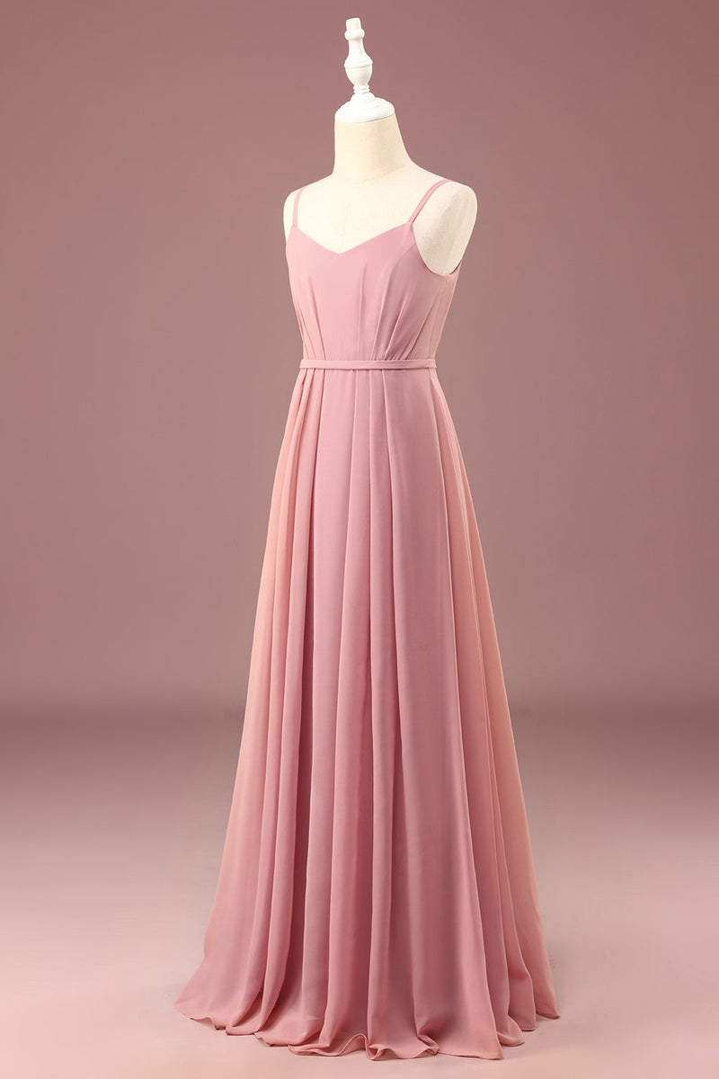 Load image into Gallery viewer, Dusty Rose A-line Chiffon Spaghetti Straps Long Pleated Junior Bridesmaid Dress