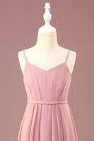 Load image into Gallery viewer, Dusty Rose A-line Chiffon Spaghetti Straps Long Pleated Junior Bridesmaid Dress